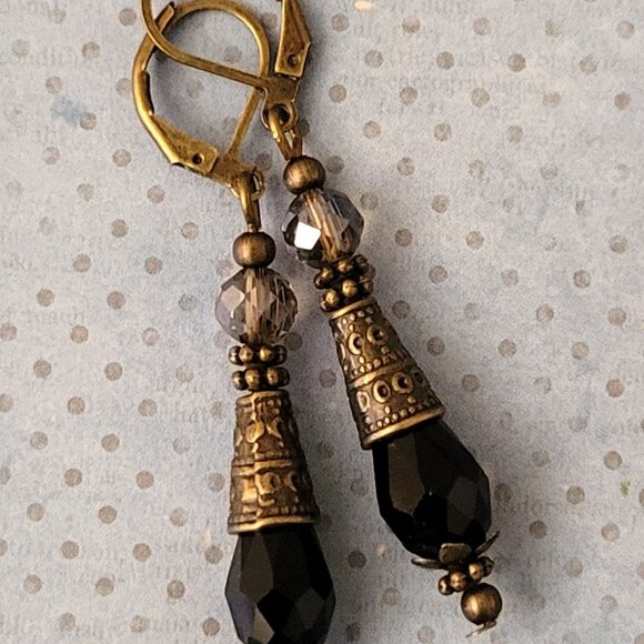 Black Smokey Crystal Teardrop Earrings, Etched Bronze Cone Lever Back Ear wires - Picture 4 of 8